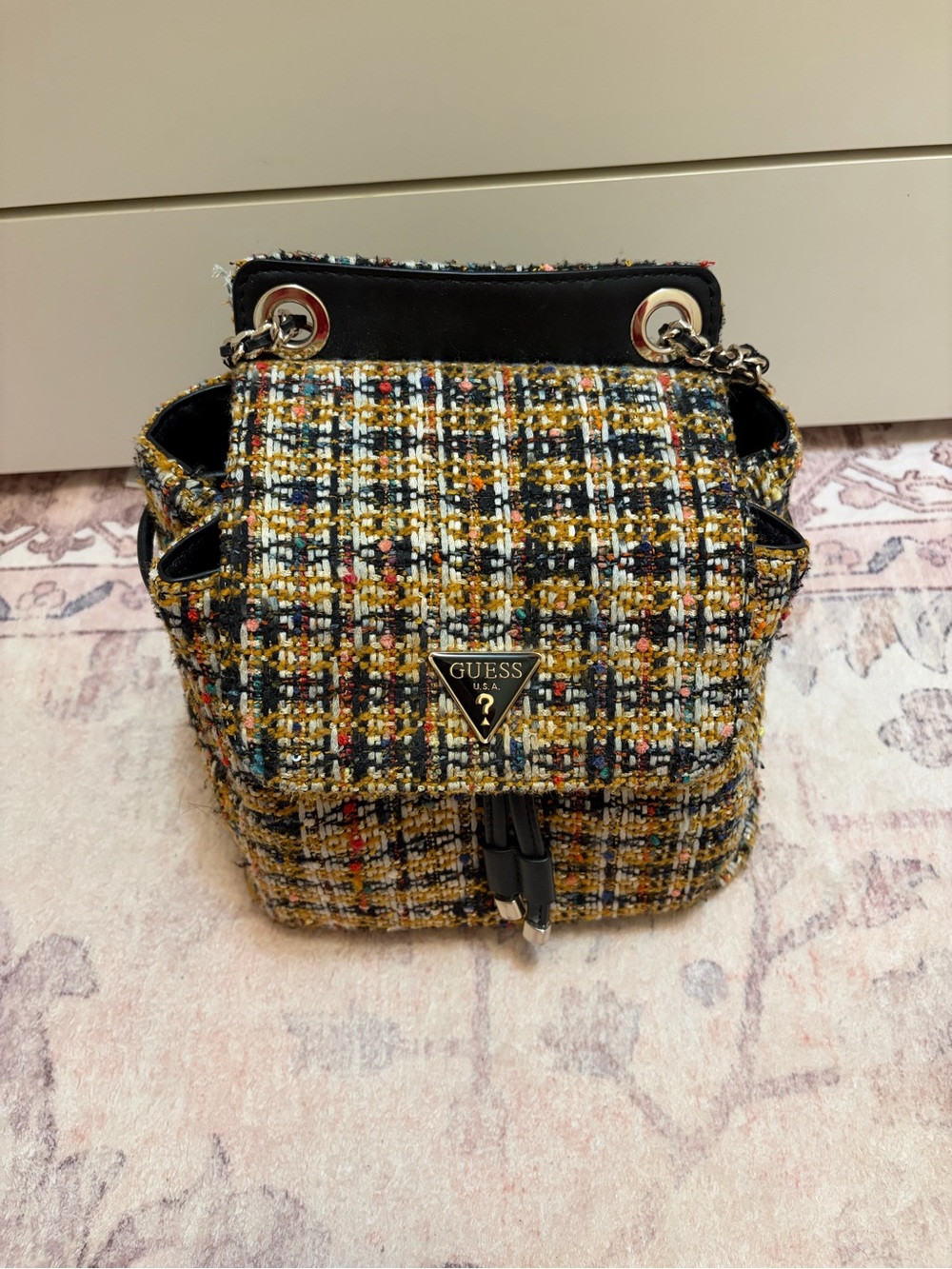 GUESS Mini Tweed Chain-Handle Backpack — Black, Gold, Multicolor